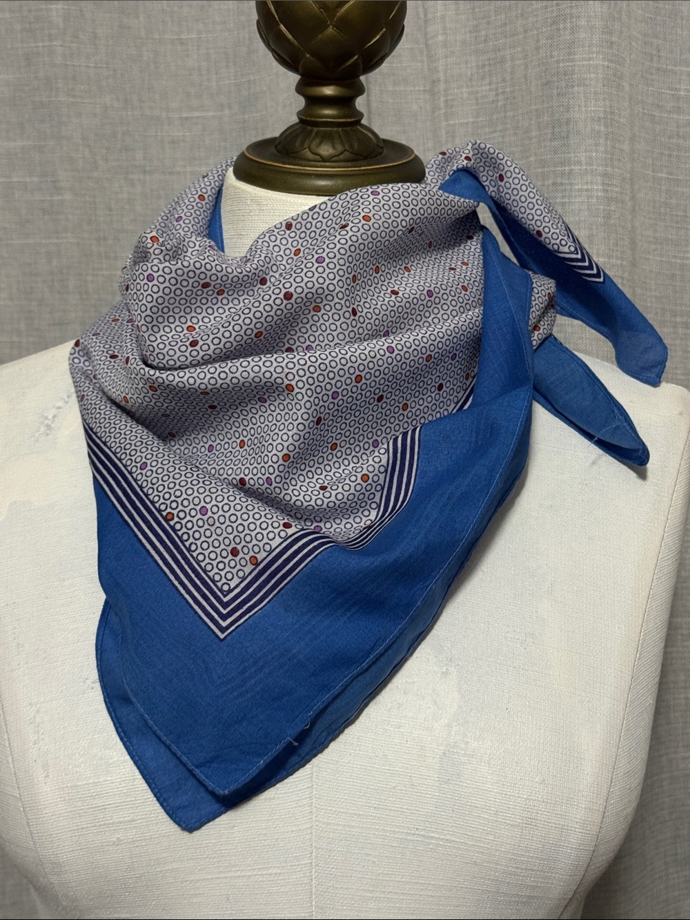 Vintage Cotton Scarf-White & Blue/Retro Dot Print-Square-EUC - Picture 3 of 14